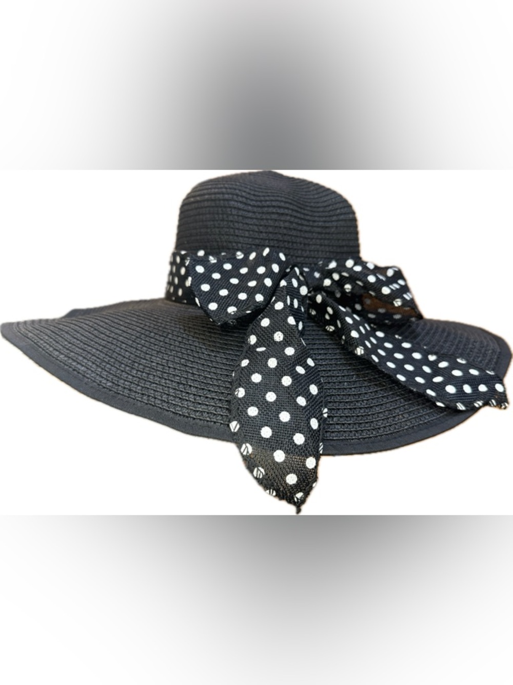 Black Wide-Brim Straw Sun Hat with Polka Dot Ribbon - Picture 16 of 16